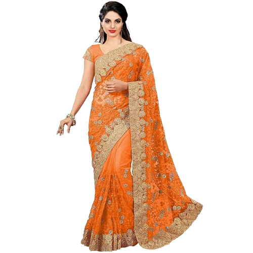 Orange Color Banarasi Saree with Blouse For Women