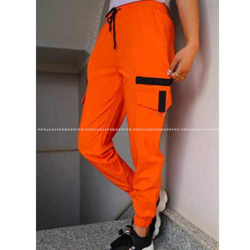 Women's Casual Stretch Drawstring Orange Jogger Pants  with Pockets