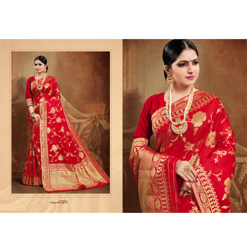 Patang International Banarasi Silk Red Woven Saree design with Golden Border Design