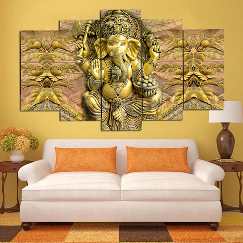 Set Of 5  Golden Ganesha Ganesh Ji Religious Framed Wall Paintings For Home Decorations , Living Room , Hall , Office , Gifting , Big Size Wall DÃ©cor