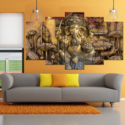 Set Of 5   Ganesha Ganesh Ji Religious Framed Wall Paintings For Home Decorations , Living Room , Hall , Office , Gifting , Big Size  Dark GoldenWall Décor