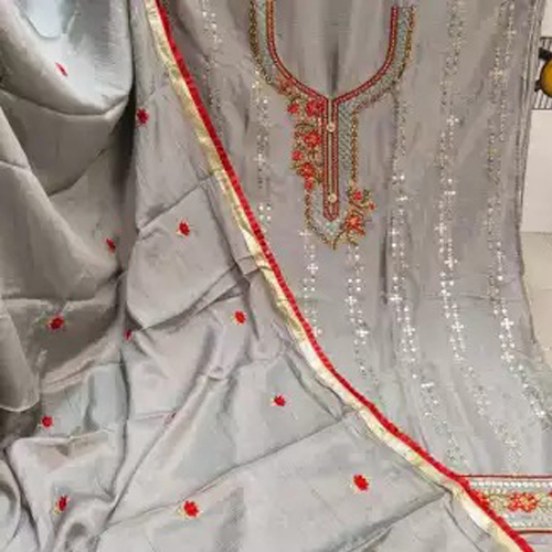 Grey Chinnon Embroidery Work Unstitched Kurta Salwar And Shawl Set For Women