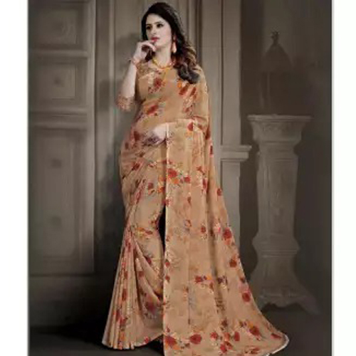 Brown/Red Printed Saree With Unstitched Blouse For Women