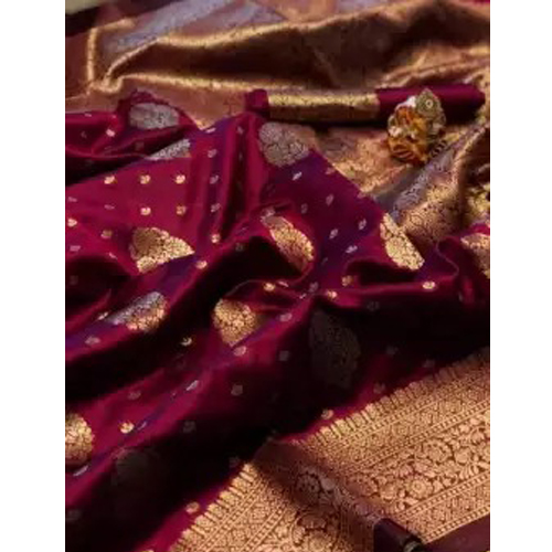 Wine Purple/Golden Banarasi Silk Saree With Unstitched Blouse For Women