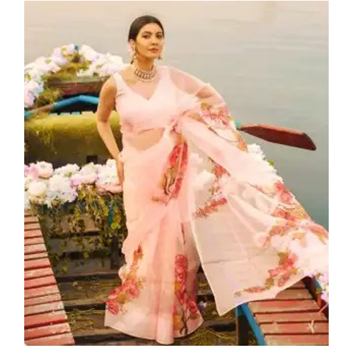Peach Organza Silk Saree With Unstitched Blouse Piece For Women
