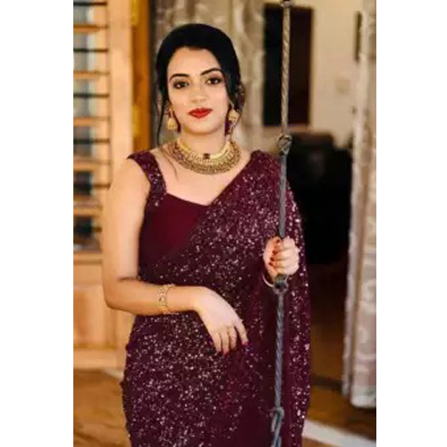 Wine Sequin Saree With Unstitched Blouse Piece For Women