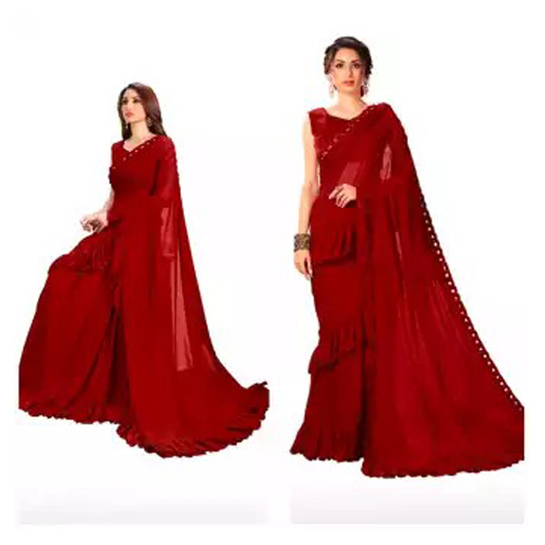 Red Purple Ruffle Lycra Saree With Unstitched Blouse For Women