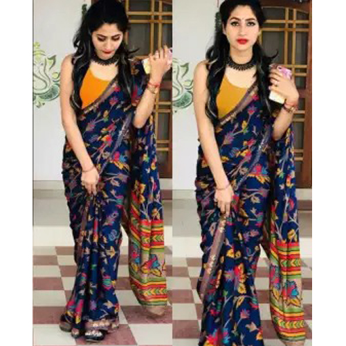 Blue/Orange Floral Printed Saree With Unstitched Blouse For Women