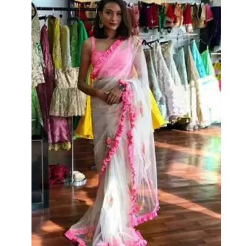 white/Pink Designer Net Saree With Unstitched Blouse For Women