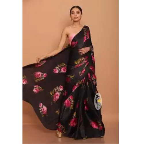 Black/Pink Digital Japanese Satin Silk Saree With Unstitched Blouse For Women