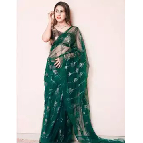 Bottle Green Embroidered Work Net Saree With Semi-Stitched Full Work Blouse Piece For Women