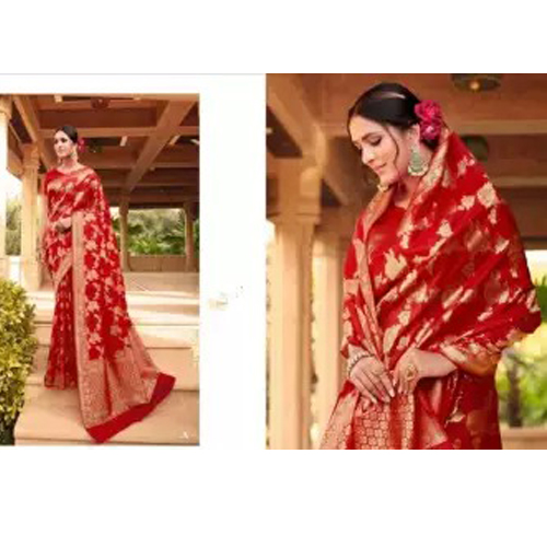 Red/Golden Banarasi Silk Saree With Unstitched Blouse For Women
