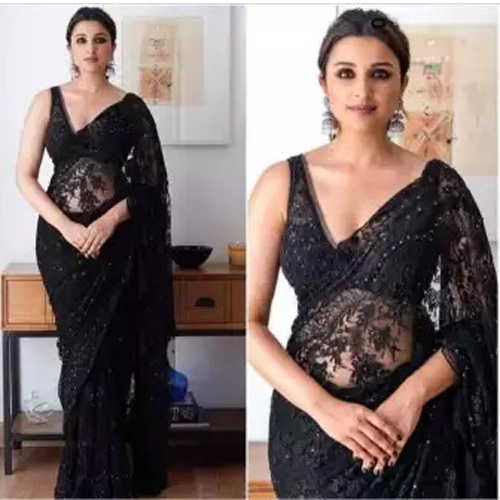 Black Net  Embroidered Saree With Unstitched Blouse For Women