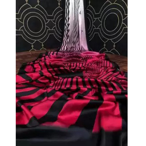 Black/Red Stripe Digital Print Japanese Satin Silk Saree With Unstitched Blouse For Women