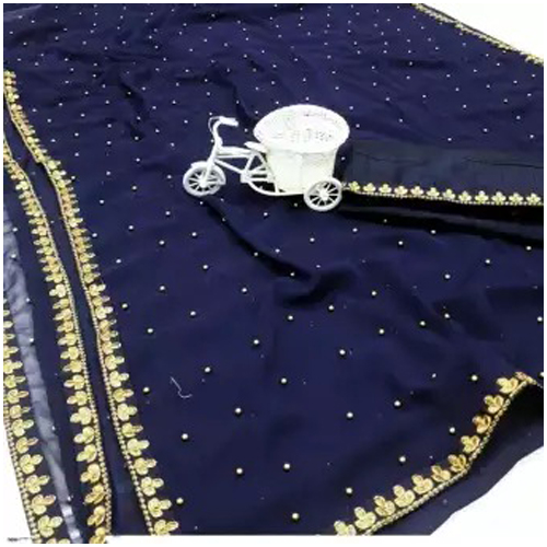 Navy Blue Lace Work Saree With Blouse Piece For Women