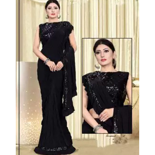 Black Readymade Saree With Unstitched Sequin Work Blouse Piece For Women