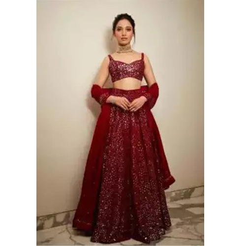 Dark Red Semi Stitched Georgette Lehenga With Shawl For Women
