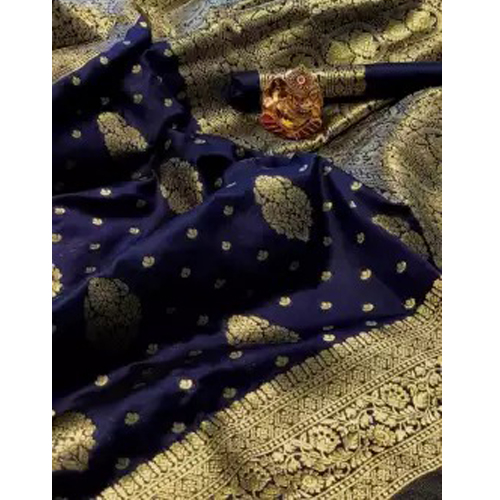 Blue/Golden Banarasi Silk Saree With Unstitched Blouse For Women
