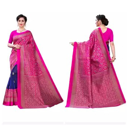 Blue/Pink Mysore Silk Printed Saree With Unstitched Blouse Piece For Women