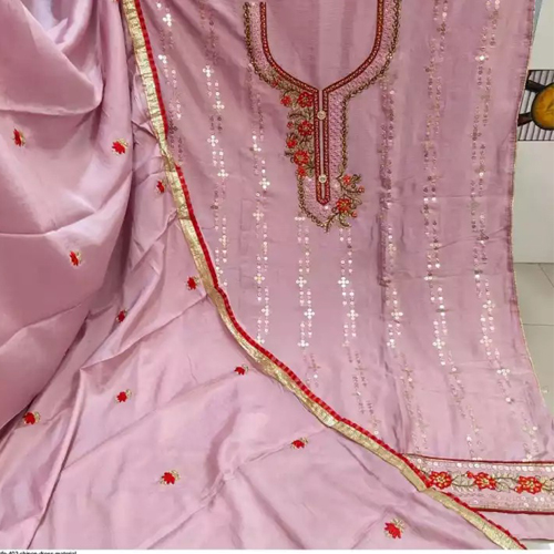 Blush Pink Chinnon Embroidered Unstitched Kurta Salwar And Shawl Set For Women