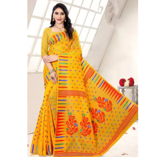yellow Dhaka Print Cotton Silk Saree With Unstitched Blouse For Women
