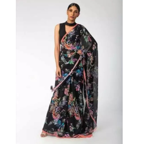 Black Floral Printed Saree With Unstitched Blouse For Women