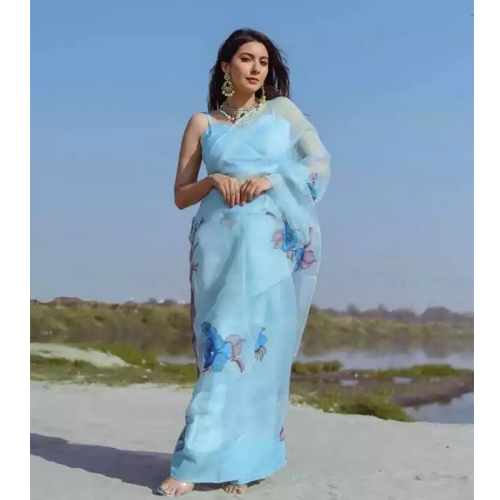 Blue Organza Silk Saree With Unstitched Blouse Piece For Women