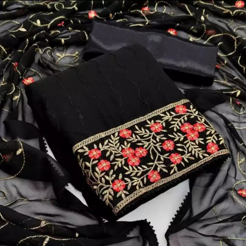 Black Embroidered Work Kurta Salwar And Shawl Set For Women
