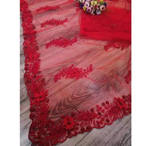 Red Designer Net Embroidered Saree With Unstitched Blouse For Women