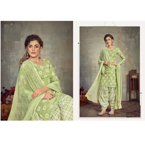 Green Cambric cotton Kurta Salwar And Shawl Set For Women