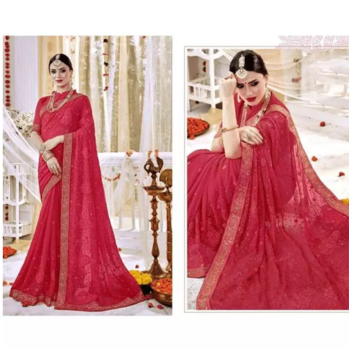 Red Embroidered Saree With Unstitched Blouse For Women
