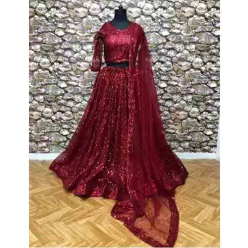 Dark Red Sequin Work Full Stitched Lehenga With Unstitched Blouse For Women