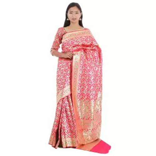 Pink Banarasi Dupatta Floral Saree With Unstitched Blouse For Women