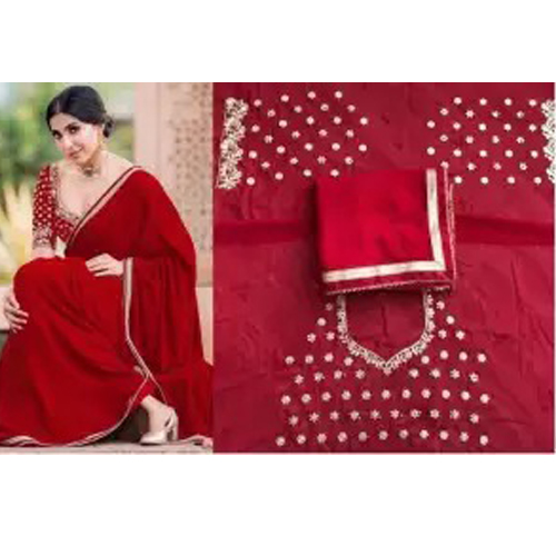 Red/Golden Georgette Saree With Unstitched Blouse For Women
