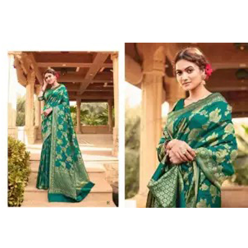 Turquoise Green/Golden Banarasi Silk Saree With Unstitched Blouse For Women