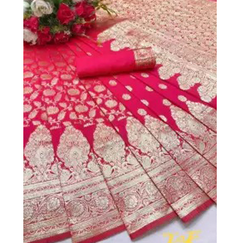 Pink/Golden Banarasi Silk Saree With Unstitched Blouse For Women