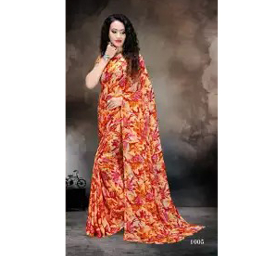 Orange/Pink Floral Printed Saree With Unstitched Blouse For Women