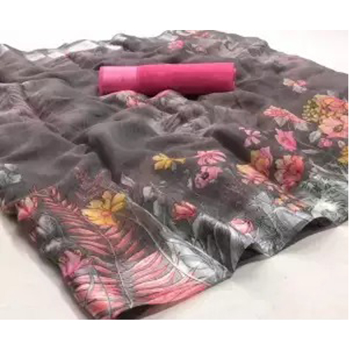 Grey Floral Print Pure Linen Saree With Unstitched Blouse For Women