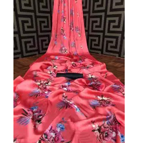 Pink Floral Premium Quality Digital Print Japanese Satin Silk Saree With Unstitched Blouse Piece For Women