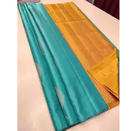 Blue/Golden Leaf Pattern Lichi Silk Saree With Unstitched Blouse For Women