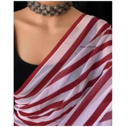 Red/White Georgette Saree With Unstitched Blouse For Women