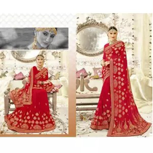 Red Embroidered Saree With Blouse Piece For Women