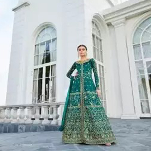 Turquiose Green Heavy Embroidered Semi-Stitched Anarkali Gown Set For Women