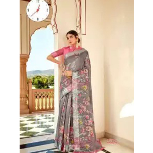 Grey Floral Pure Linen Saree With Unstitched Blouse For Women