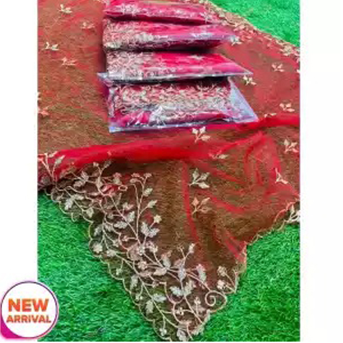 Red Multipurpose Embroidered Net Shawl For Womens