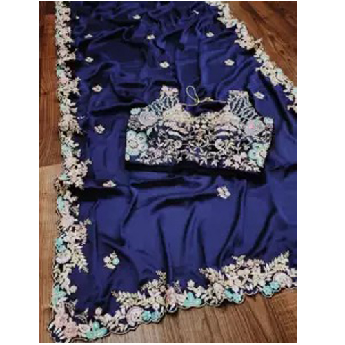 Dark Blue Embroidered Rangoli Silk Saree With Unstitched Blouse For Women
