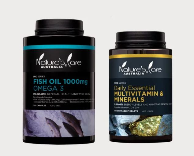 Nature's Care Set Of 2 Food Supplements, Fish Oil 1000mg Omega 3, 200 Capsules & Multivitamin 120 Tablets