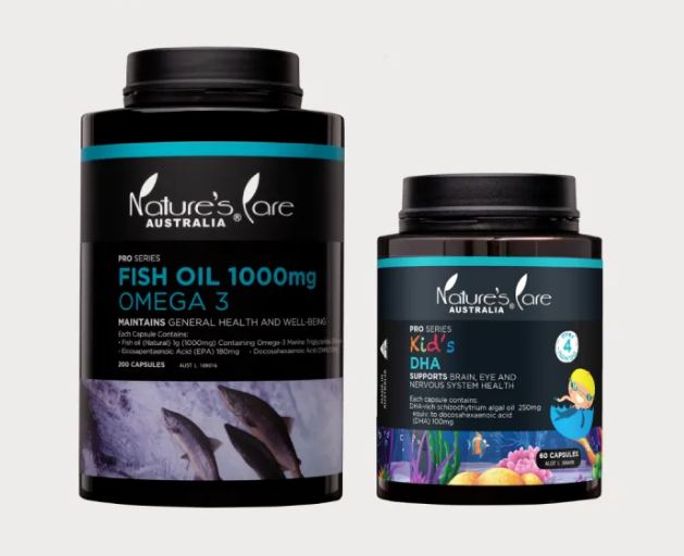 Nature's Care Set Of 2 Food Supplements, Fish Oil 1000mg Omega 3, 200 Capsules & Kid's DHA 60 Capsules