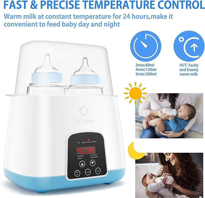 Baby Bottle Warmer & Bottle Sterilizer, LifeBasis 6 in 1 Double Bottle Warmer for Breast Milk, Baby Food Heater with LCD Display