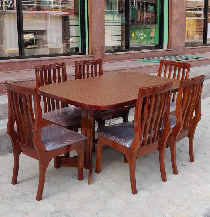 6 Seater Royal Wooden Rectangular Design Dark Wooden Color Dining Table Set with Eco Paint